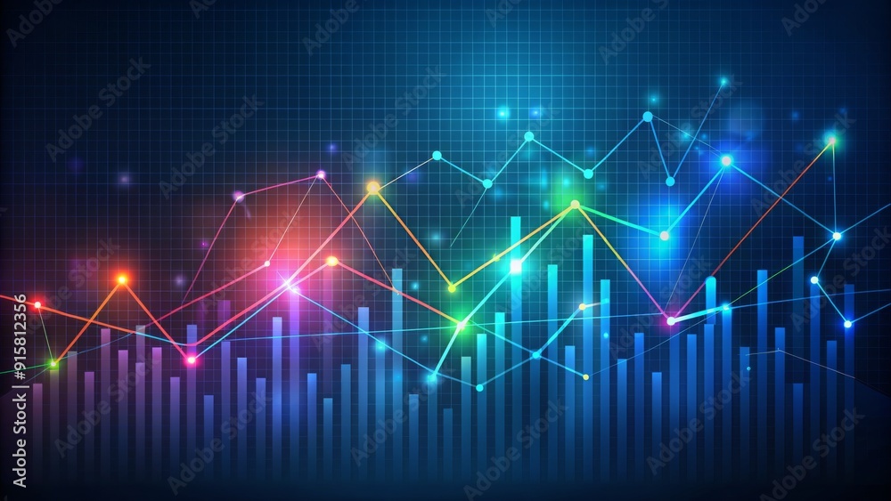 Abstract Blue Grid Background with Glowing Line Graphs and Data Points - Stock Market, Financial Growth, Business Analytics, Data Visualization