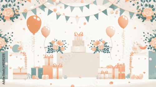 Pastel Birthday Party Illustration: Balloons, Gifts, and Flowers