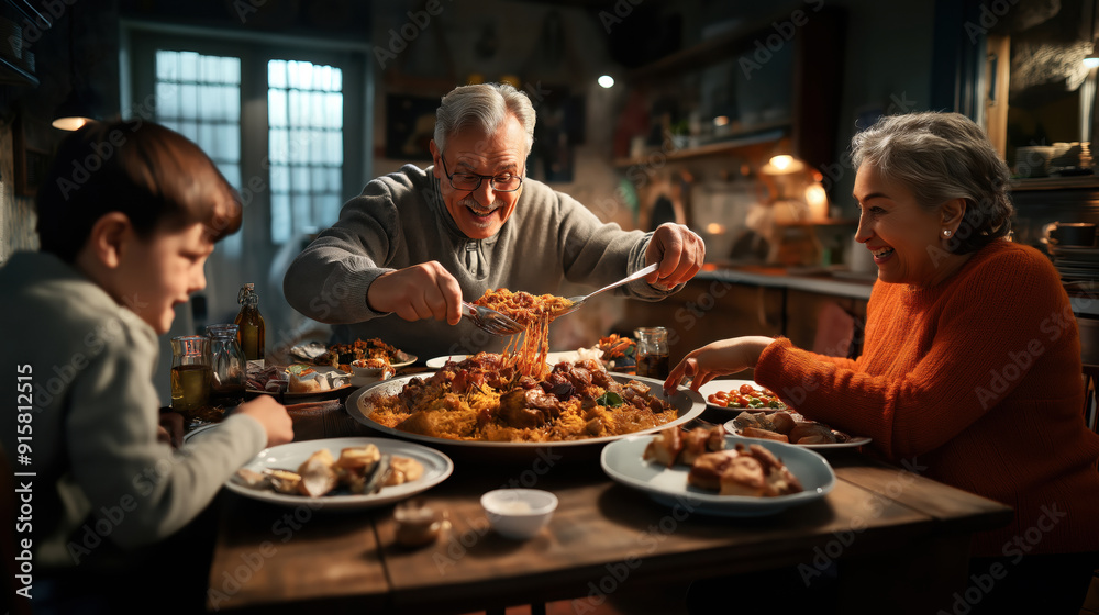 A family enjoying a meal together at home. An elderly man is serving food from a large dish while a woman and a child smile and look on. A family enjoying a meal together at home. An elderly man is serving food from a large dish while a woman and a child smile and look on.