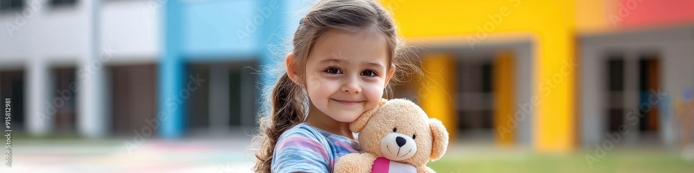 little girl with a teddy bear on the background of the school. Selective focus little girl with a teddy bear on the background of the school. Selective focus