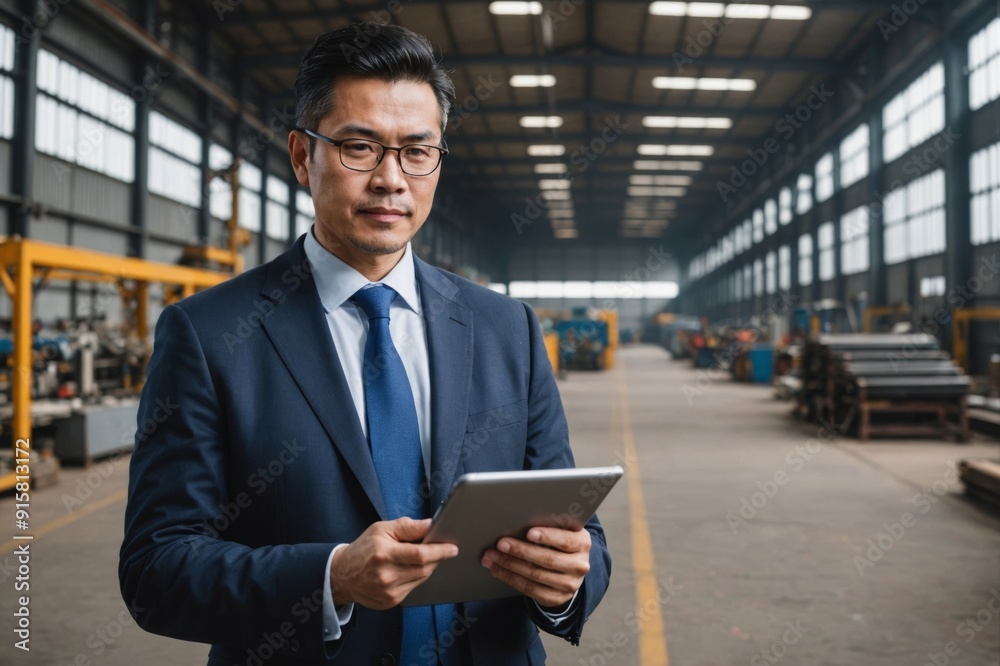 portrait of asian Businessman with tablet at metal rods in factory hall portrait of asian Businessman with tablet at metal rods in factory hall