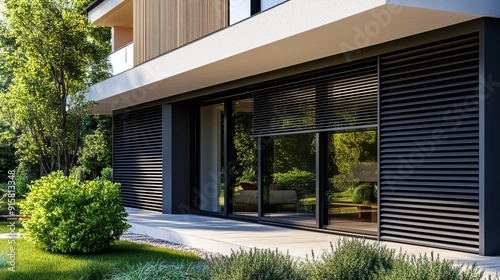 Outside roller blinds for contemporary windows. Outside shutters on the home's windows. photo