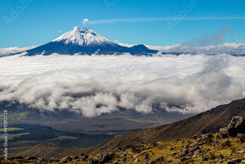 Beautiful view of the Cotopaxi volcano from the Los Ilinizas ecological reserve on a winter day.