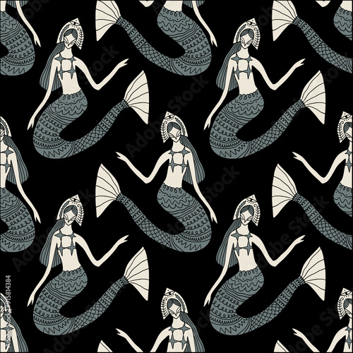 Cartoon linocut vintage ethnic mermaid princess, boho character mascot groovy whimsical flat art, doodle girls seamless pattern clip-art
