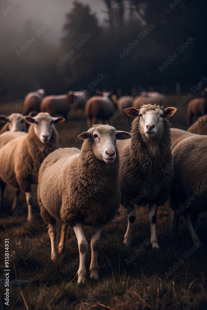 Several sheep graze in a lush meadow shrouded in a mysterious fog during the early morning Several sheep graze in a lush meadow shrouded in a mysterious fog during the early morning