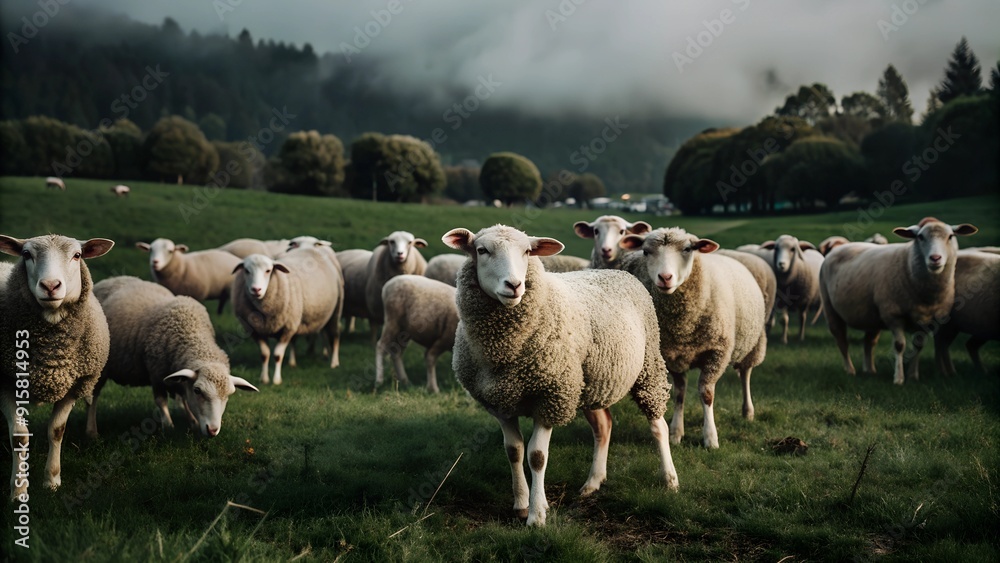 Fototapeta premium Several sheep graze in a lush meadow shrouded in a mysterious fog during the early morning