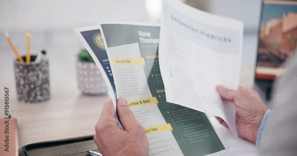Business person, hands and documents with resume for hiring, recruiting or interview of candidates at office. Closeup of employer or recruiter with paperwork or CV for skills or job opportunity