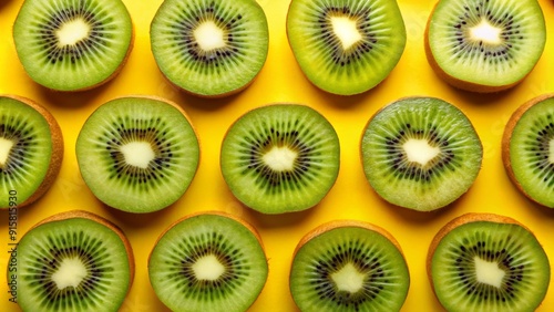 Kiwi Slices on Yellow A Close-Up View of Freshness, Healthy Fruit, Green, Yellow Background, Food Photography, Vitamin C, Delicious