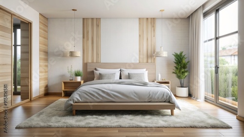 Wallpaper Mural Modern Minimalist Bedroom with Wood Accents - 3D Render - Interior Design - Contemporary - White Bedding - Natural Light - Cozy - Calm - Peaceful - Bedroom Inspiration Torontodigital.ca