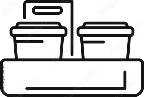 Line drawing of two coffee cups and a paper bag on a food tray, suggesting a takeaway order is ready for delivery