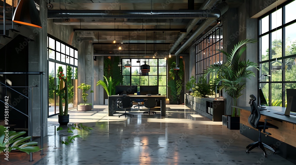 Fototapeta premium Modern Empty Home Office Room Interior With Blank Wall, Computer, Table, Bookshelf Mockup Frame -Ai