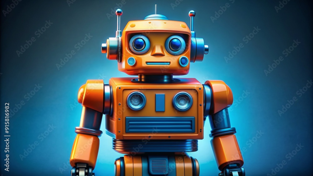 Fototapeta premium Orange Retro Robot 3D Illustration - Futuristic Design, AI, Automation, Digital Art, Technology, Sci-fi, Artificial Intelligence