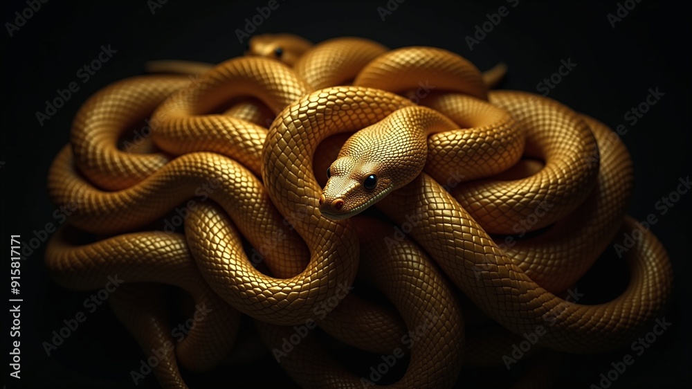 Fototapeta premium Golden Serpent in Repose, A close-up photograph of a golden snake coiled and resting on a dark background. The intricate pattern of its scales and the curious expression in its eyes are highlighted.