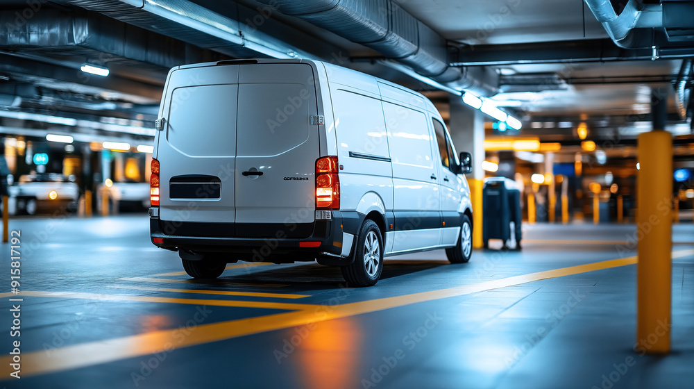 A white cargo van is parked in an underground parking garage with bright overhead lights and yellow markings on the ground. A white cargo van is parked in an underground parking garage with bright overhead lights and yellow markings on the ground.