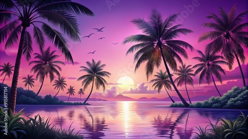 Palm Trees Silhouetted Against a Vibrant Sunset, Digital Art, Palm Trees, Sunset, Tropical Paradise, Lagoon, Beach