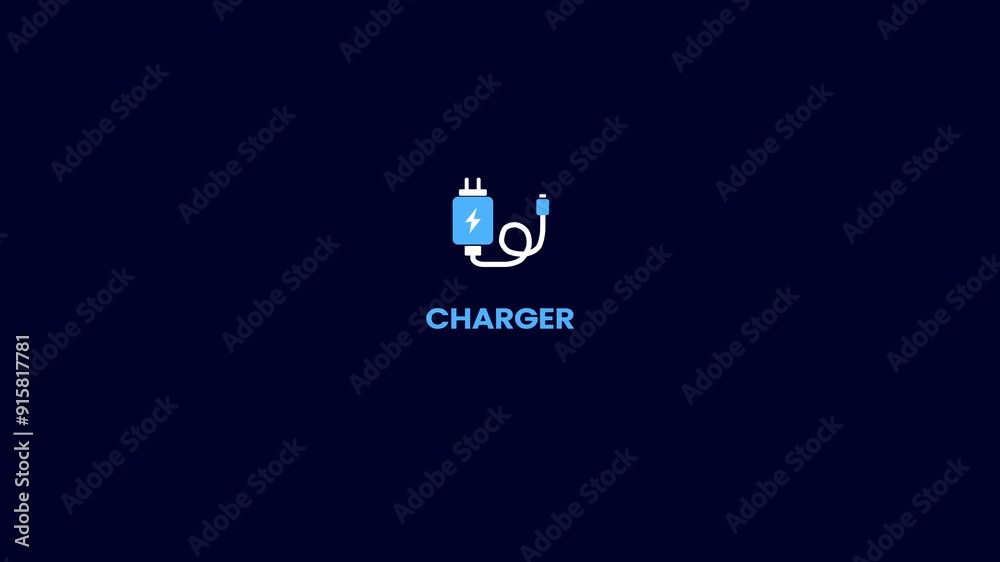 Mobil phone charger, smart phone mobil charger for power supply, adapter symbol logotype animation background.