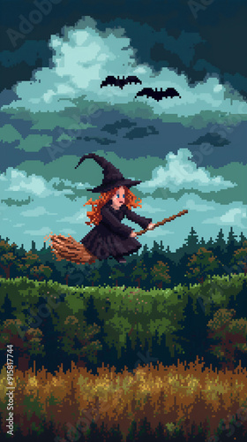 A cute pixelated witch with red hair riding on a broomstick. Pixel art 8-bit computer game fantasy illustration. photo