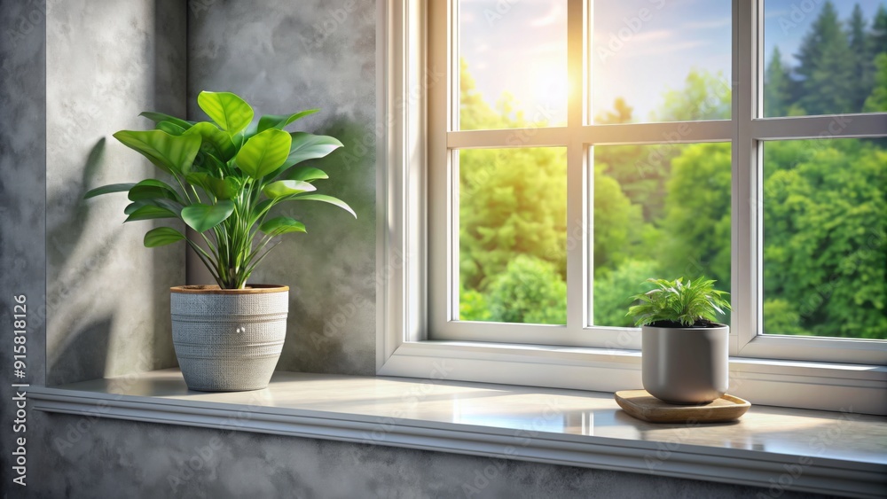 Sunlight Through Windowsill with Greenery Minimalist Interior Design with Plants on a Windowsill, Natural Light, White Window, Concrete Wall, Green Plants, Cozy Home, 3D Render Sunlight Through Windowsill with Greenery Minimalist Interior Design with Plants on a Windowsill, Natural Light, White Window, Concrete Wall, Green Plants, Cozy Home, 3D Render