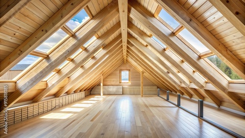 Sunlit Attic with Skylights - Wooden Beams, Natural Light, Modern Interior Design, Open Space, Loft Conversion, Rustic Charm, Home Renovation