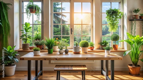 Sunlight Streaming Through Windows with Plants  Wooden Table  and a Stool - Interior Design  Home Decor  Natural Light  Greenery  Window View
