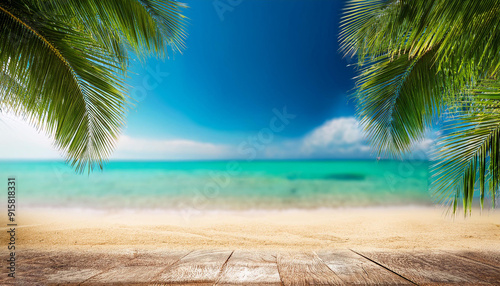 Fototapeta Naklejka Na Ścianę i Meble -  tropical beach backdrop in blur. Summertime getaway