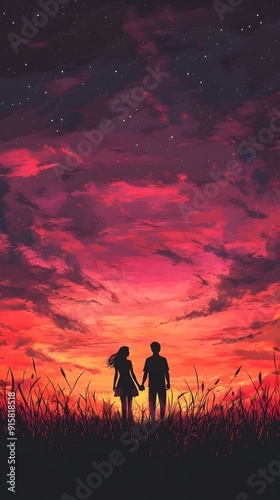 Silhouette of a couple holding hands against a sunset sky, a man and woman standing in front of a pond at dusk with pink and orange clouds, golden hour light, romance concept