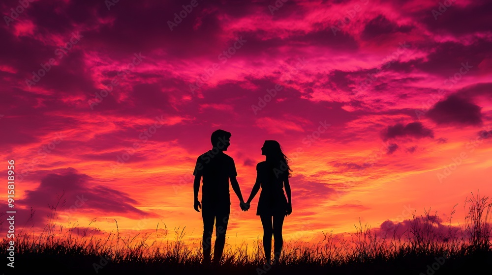 Silhouette of a couple holding hands against a sunset sky, a man and woman standing in front of a pond at dusk with pink and orange clouds, golden hour light, romance concept Silhouette of a couple holding hands against a sunset sky, a man and woman standing in front of a pond at dusk with pink and orange clouds, golden hour light, romance concept