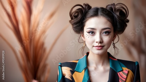 fashion portrait of an asian woman with dark hair, intricate makeup and hairstyle