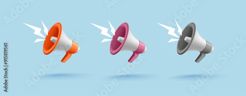 A set of color loudspeakers, 3D. Modern icon for advertising concepts of marketing, news, business, promoting ideas and important announcements, and communication. Vector illustration.
