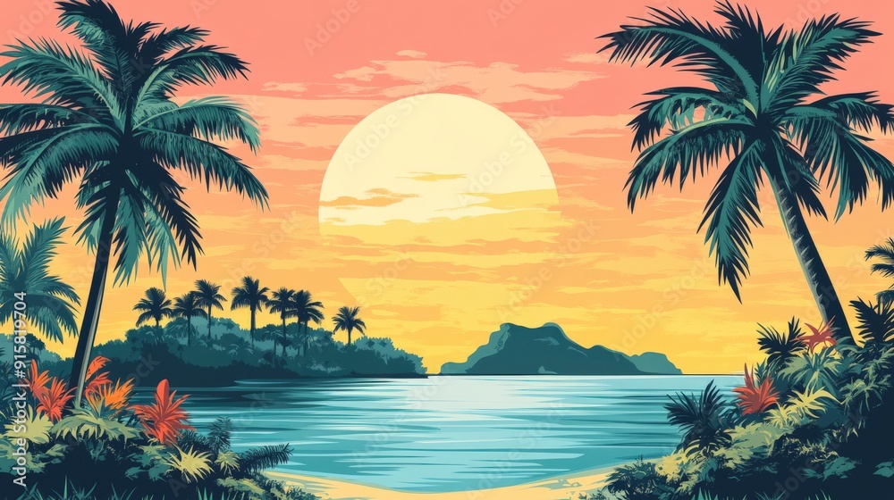 Obraz premium Tropical palm trees frame a vibrant sunset over a calm ocean bay with distant islands in a retro vector illustration style.