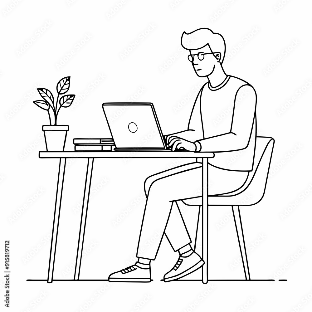 continuous single line drawing of man sitting at desk using laptop computer, line art vector illustration
continuous single line drawing of man sitting at desk using laptop computer, line art vector illustration