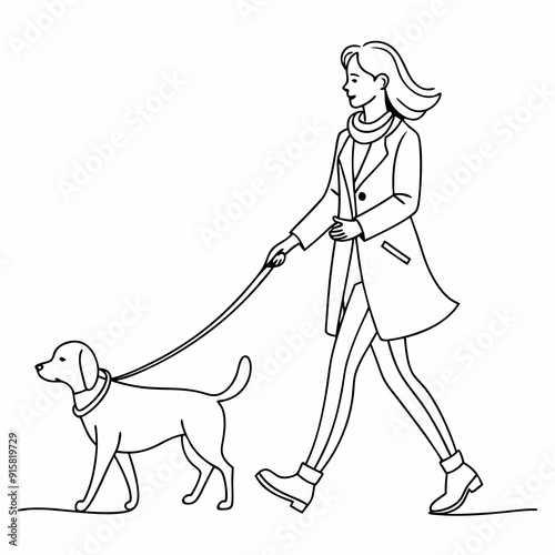 continuous single line drawing of woman walking her dog, line art vector illustration
