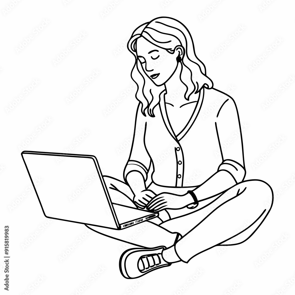 continuous single line drawing of woman sitting on floor using laptop, line art vector illustration
continuous single line drawing of woman sitting on floor using laptop, line art vector illustration