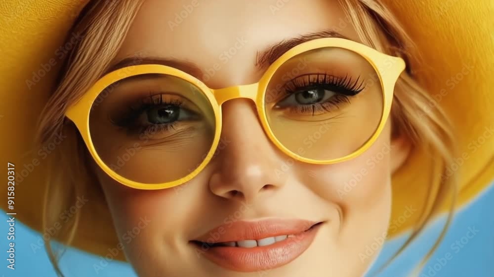 Woman in yellow sunglasses and hat on blue background, close up portrait of fashion model with perfect makeup. Woman in yellow sunglasses and hat on blue background, close up portrait of fashion model with perfect makeup.