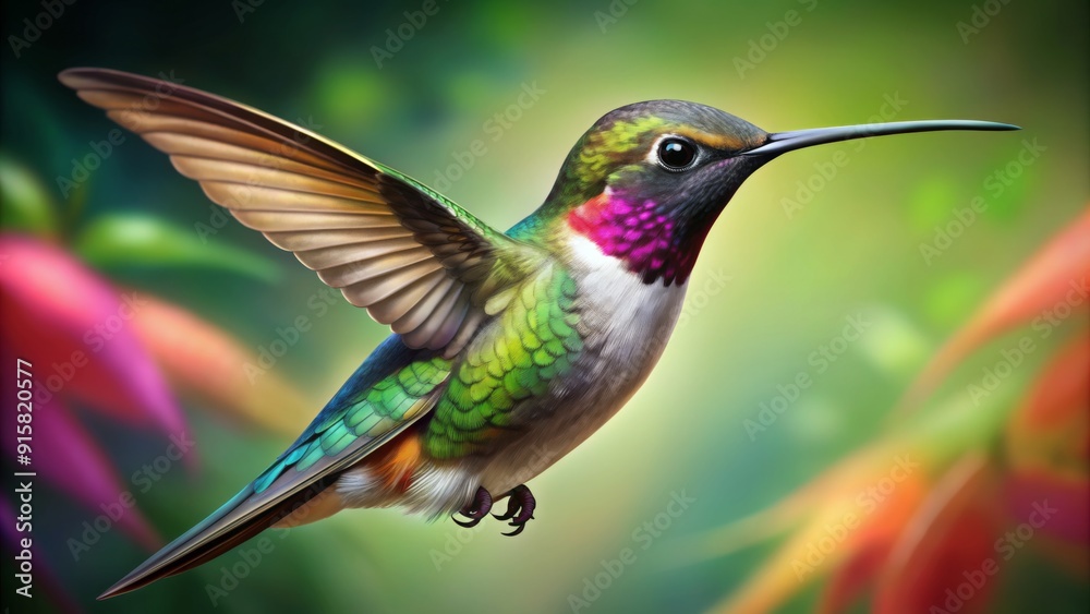 A Vibrant Hummingbird in Flight - Digital Painting, Green and Pink Feathers, Blurred Background, Birdwatching, Nature, Wildlife, Illustration A Vibrant Hummingbird in Flight - Digital Painting, Green and Pink Feathers, Blurred Background, Birdwatching, Nature, Wildlife, Illustration