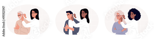 World Day Deaf. Female doctor fitting hearing aid into patient's ear while consultation in clinic. Vector illustration.