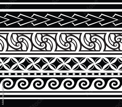 Polynesian tattoo design tribal border. Tribal design ethnic ornament maori band. Samoan Tattoo ribbon sleeve bracelet. Fabric seamless isolated hawaiian armband pattern on white background.