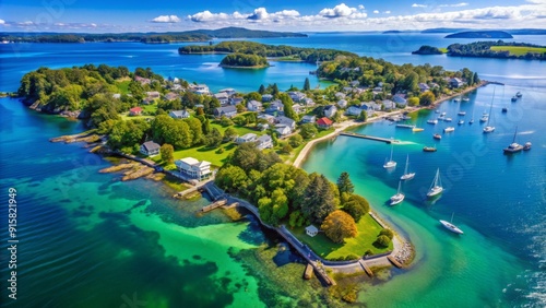 Aerial Perspective of a Tranquil Island with Lush Greenery, White Houses, and Sailboats - Summer, Seascape, Coastline, Nature, Vacation