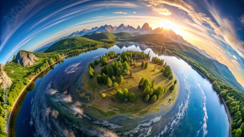 Aerial Perspective of a Secluded Island in a Mountain Lake at Sunset - Drone Photography, Landscape, Nature, Wilderness, Mountain, Sky, Water