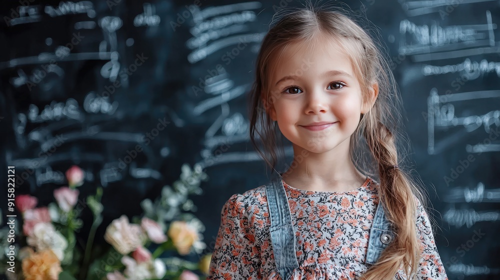 little girl with flowers at school on a blackboard background. Selective focus little girl with flowers at school on a blackboard background. Selective focus