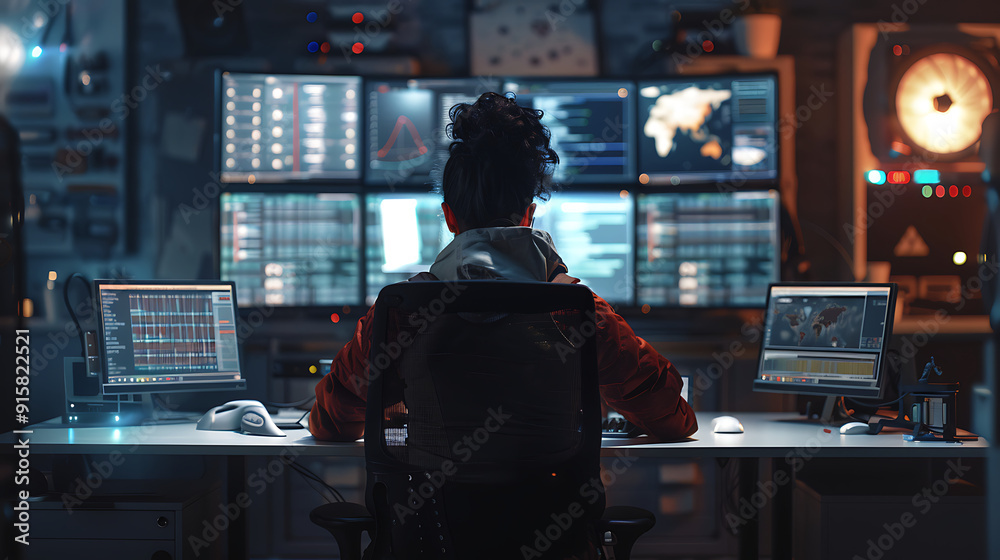 A male IT worker sits at his desk in front of computer monitors and looking computer screen, seen from behind and looking over the of an AI system that processes data on monitor displaying code
A male IT worker sits at his desk in front of computer monitors and looking computer screen, seen from behind and looking over the of an AI system that processes data on monitor displaying code