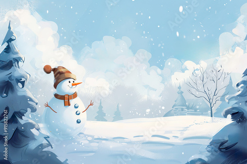 Cheerful cartoon snowman wearing a hat and scarf in a snowy winter landscape background