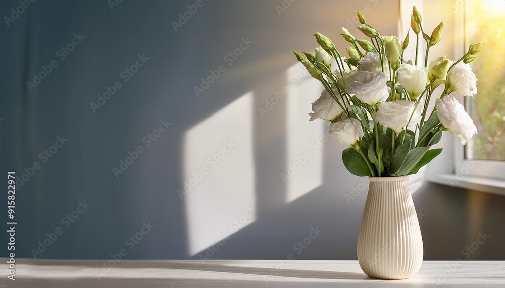 Lisianthus bouquet in vase on sunlit table Lisianthus bouquet in vase on sunlit table