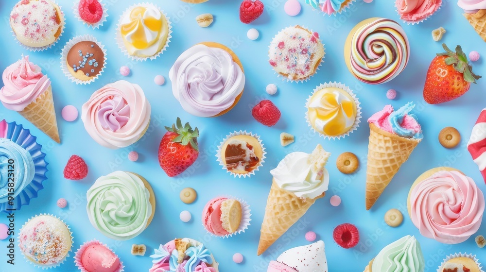 Naklejka premium Delicious desserts including cones, cupcakes, and candies are beautifully displayed on a vibrant blue backdrop