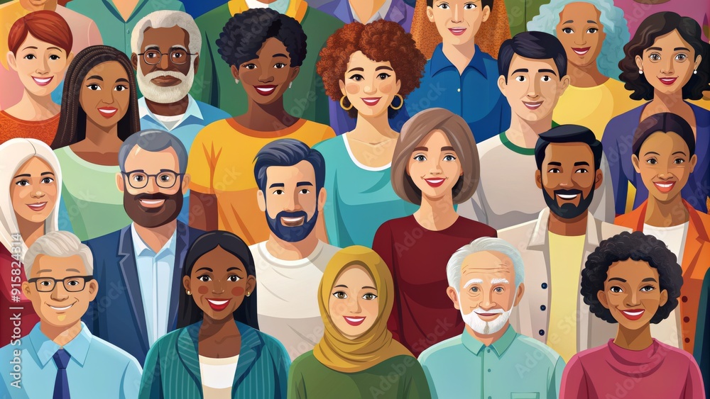 Diverse Crowd of Smiling Faces Digital Illustration of Multiethnic People, Community, Togetherness, Inclusion, Unity, Diversity, Portrait Diverse Crowd of Smiling Faces Digital Illustration of Multiethnic People, Community, Togetherness, Inclusion, Unity, Diversity, Portrait