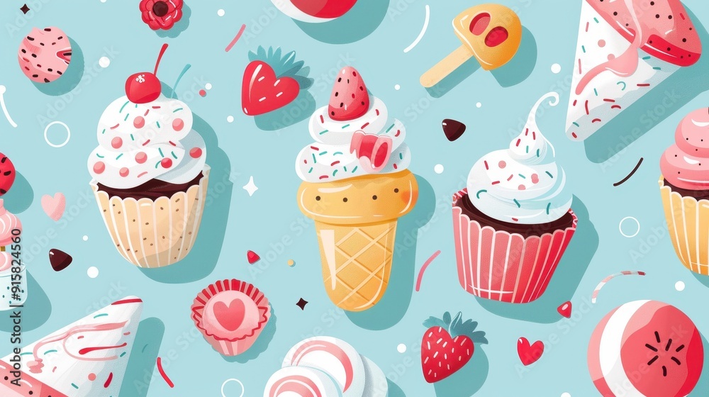 An array of delightful ice cream cones, popsicles, and toppings creates a vibrant summer vibe An array of delightful ice cream cones, popsicles, and toppings creates a vibrant summer vibe