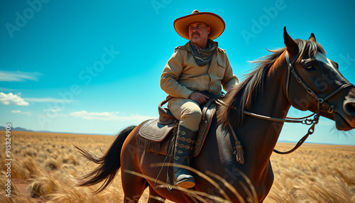 Argentine gaucho on horseback in pampas grasslands photo