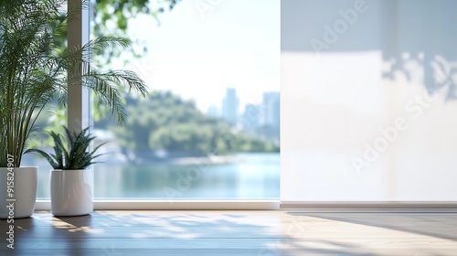 White blinds or a curtain With a backdrop of the river, the office has roller sun protection.