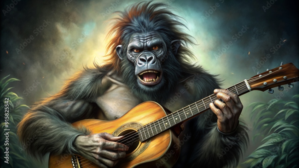 custom made wallpaper toronto digitalGorilla Guitarist A Digital Painting of a Powerful Ape Playing Acoustic Guitar in a Lush Jungle Setting, Music, Primate, Wildlife, Nature, Art