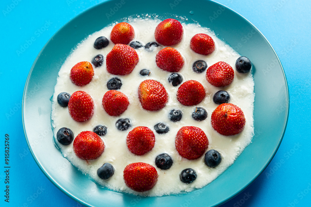 Fresh juicy berries strawberries and blueberries in a blue plate with whipped cream on a blue background Fresh juicy berries strawberries and blueberries in a blue plate with whipped cream on a blue background